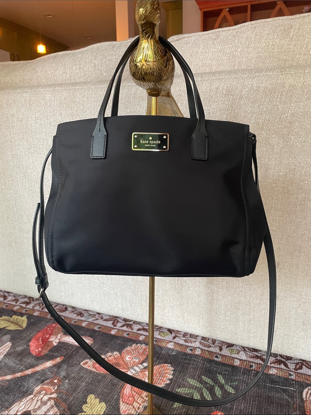 Kate Spade Black Nylon Shoulder Bag with Gold Plaque Crossbody Strap EUC
